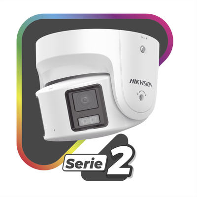 Cámara Turret IP Panorámica / 8 Megapixel / Dual Lente 4 mm 180° / Color 24/7 / WDR 130 dB / Luz Blanca 30 m (98.4 ft) / IP67 / PoE / Audio Bidireccional / AcuSense