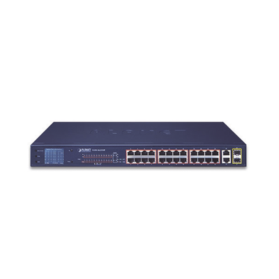 Switch PoE No Administrable / 24 Puertos 10/100 Mbps / 2 Puertos Combo Gigabit TP/SFP / PoE 802.3af/at 300 W / Alcance Extendido 250 m (820.2 ft) / Pantalla LCD