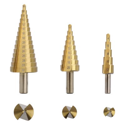 Juego de Brocas Escalonadas / 3 Piezas / 4-12 mm / 4-20 mm / 4-32 mm / HSS / Para Metal y Plástico