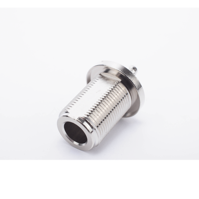 Conector RF Coaxial / N Hembra Hermético / Montaje Frontal Panel 2D Plano / Anillo Plegable RG-58/U / Cuerpo Bronce Niquelado / Contacto Oro / Aislante Teflón