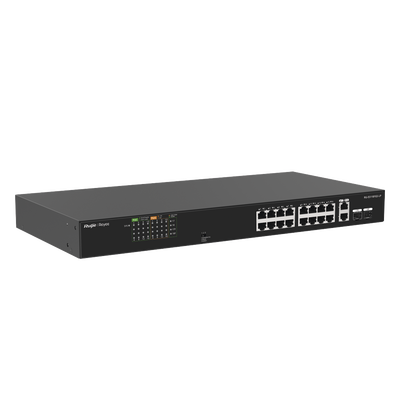 Switch PoE+ No Administrable / 16 Puertos 10/100 PoE+ / 2 Uplinks Gigabit / 2 SFP Combo / 120W PoE / 7.2 Gbps / Sin Ventilador