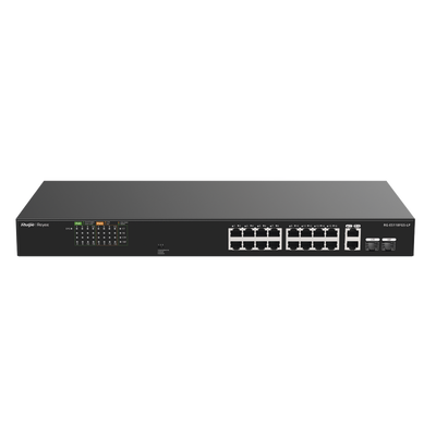Switch PoE+ No Administrable / 16 Puertos 10/100 PoE+ / 2 Uplinks Gigabit / 2 SFP Combo / 120W PoE / 7.2 Gbps / Sin Ventilador