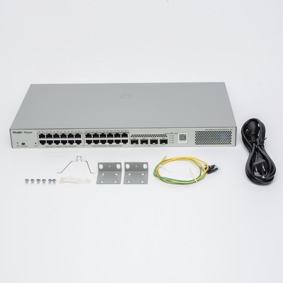 Switch Administrable L2 PoE+ / 24 Puertos Gigabit / 4 SFP Uplink 1G / 370W / Capacidad 56 Gbps / Protección 6 kV / 1U Rack