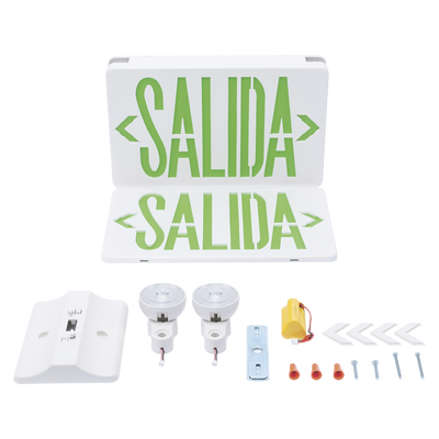 Letrero de Emergencia LED / Dual Salida y Luz de Emergencia / Montaje Universal Pared-Lateral-Techo / Doble Voltaje 120-277 VAC / Batería 6V 4.5Ah / Consumo 3W