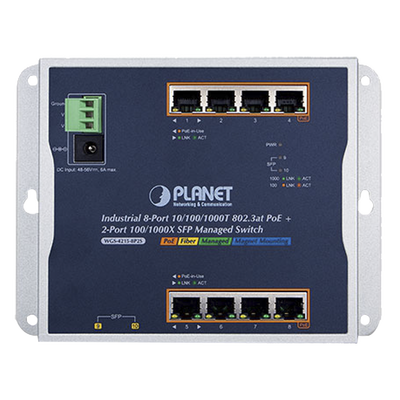 Switch Industrial PoE Administrable de Pared / 8 Puertos Gigabit PoE 802.3at / 2 Puertos SFP 100/1000X / Presupuesto PoE 200W / Alcance hasta 820 pies