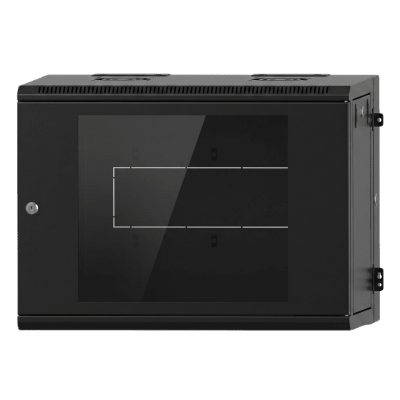 Gabinete Rack / 9U / Montaje en Pared / Puerta de Cristal Templado / Carga 80 kg / Abatible 120° / Ventilación 120 mm / Acero Calibres 18-22