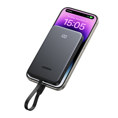 Power Bank / 10000 mAh / 37 Wh / Salida USB-C PD 20W / Salida USB-A SCP 22.5W / Cable USB-C Integrado / Indicador Digital LED
