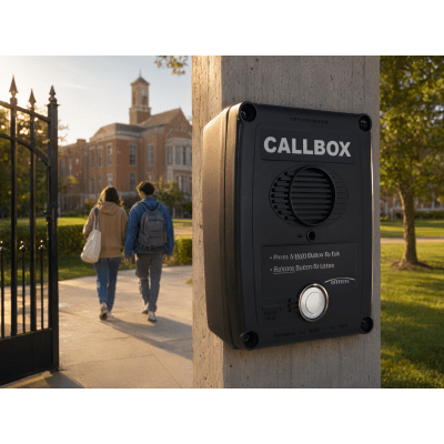 Callbox Inalámbrico UHF / 450-470 MHz / Gabinete de Policarbonato Resistente / PTT Antivandálico / Grabación de Mensajes / Uso en Exteriores