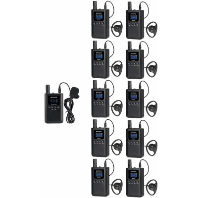 Sistema de Guía Turístico / 2.4 GHz / 999 Canales / Alcance 150 m (492.1 ft) / 1 Transmisor y 10 Receptores / USB-C / Batería 3000 mAh
