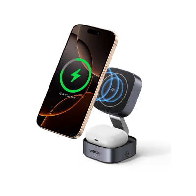 Cargador Inalámbrico 2 en 1 / Qi 2 15W / Base Auriculares 5W / Salida USB-C 5W / Potencia Total 25W / Protección Múltiple