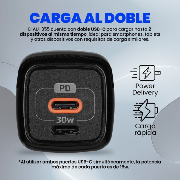 CARGADOR PARA PARED /  VORAGO /  AU-355 /  CARGA RAPIDA  /   3.0 A 1 USB-C   / 30W /  NEGRO