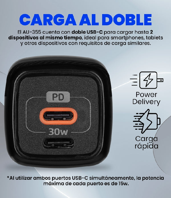 CARGADOR PARA PARED /  VORAGO /  AU-355 /  CARGA RAPIDA  /   3.0 A 1 USB-C   / 30W /  NEGRO