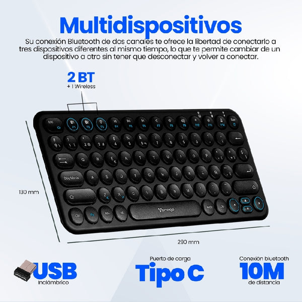 TECLADO INALAMBRICO MULTIDISPOSITIVO (HASTA 3)  / VORAGO / KBW-400  /   SLIM /  REGARGABLE /  TIPO C  /  2 BLUETOOTH +  WIRELESS /  NEGRO