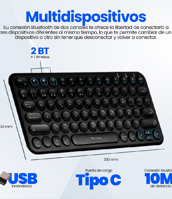 TECLADO INALAMBRICO MULTIDISPOSITIVO (HASTA 3)  / VORAGO / KBW-400  /   SLIM /  REGARGABLE /  TIPO C  /  2 BLUETOOTH +  WIRELESS /  NEGRO