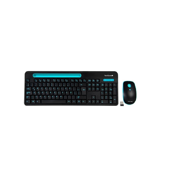 KIT TECLADO Y MOUSE - TECHZONE - TZ20COMB02-INA - INALAMBRICO USB A - BATERIAS AA/AAA - RANURA SOPORTE PARA MOVIL 8 PULGADAS.
