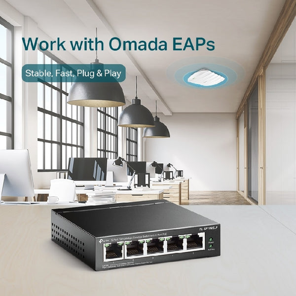 SWITCH | TP-LINK | TL-SF1005LP| 5 PUERTOS RJ45 10/100 MBPS | NO ADMINISTRABLE |CON 4 PUERTOS POE | PARA ESCRITORIO