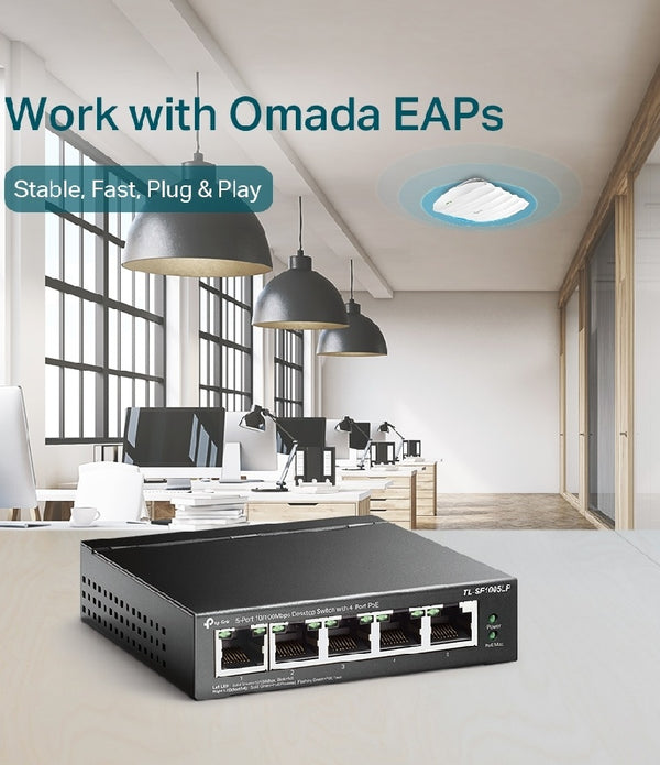 SWITCH | TP-LINK | TL-SF1005LP| 5 PUERTOS RJ45 10/100 MBPS | NO ADMINISTRABLE |CON 4 PUERTOS POE | PARA ESCRITORIO
