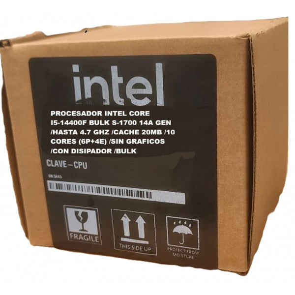 PROCESADOR INTEL CORE I5-14400F BULK S-1700 14A GEN /HASTA 4.7 GHZ /CACHE 20MB /10 CORES 6P4E /SIN GRAFICOS /CON DISIPADOR INTEL BXTSRM1 FOR TRAY CPUS LGA 1700 SOCKET