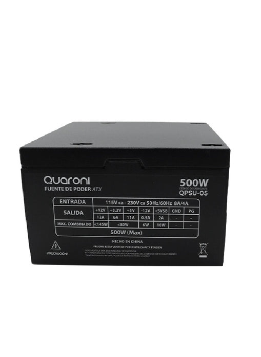 FUENTE DE PODER QUARONI DE 500W/ 24 PINES/ 2SATA/ FILTRO EMC/ 4 PIN P4 / COLOR NEGRO
