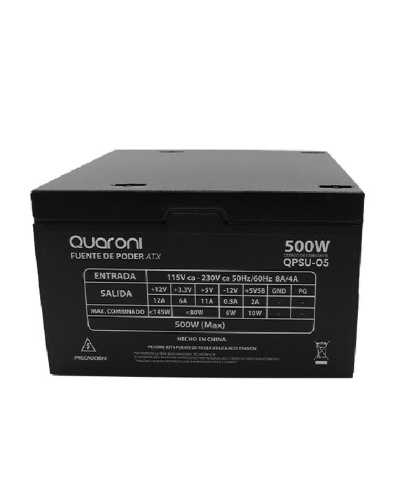 FUENTE DE PODER QUARONI DE 500W/ 24 PINES/ 2SATA/ FILTRO EMC/ 4 PIN P4 / COLOR NEGRO