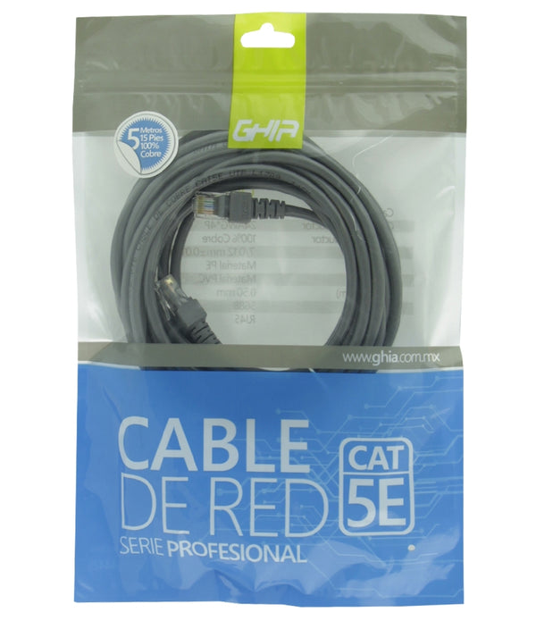 CABLE DE RED UTP CAT5E GHIA 100COBRE GRIS RJ45 5M 15 PIES PATCH CORD