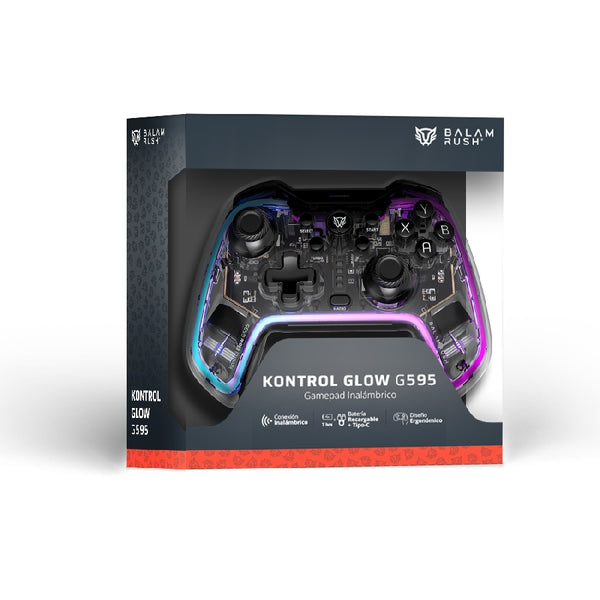GAMEPAD BALAM RUSH KONTROL GLOW G595 / INALAMBRICO RECARGABLE / BT 5.0 / RGB / VIBRACION DUAL / SOPORTE P CELULAR / ANDROID - IOS - PC WIN - N SWITCH - PS 3-4 / BOTONES PROGRAMABLES / BR-936910