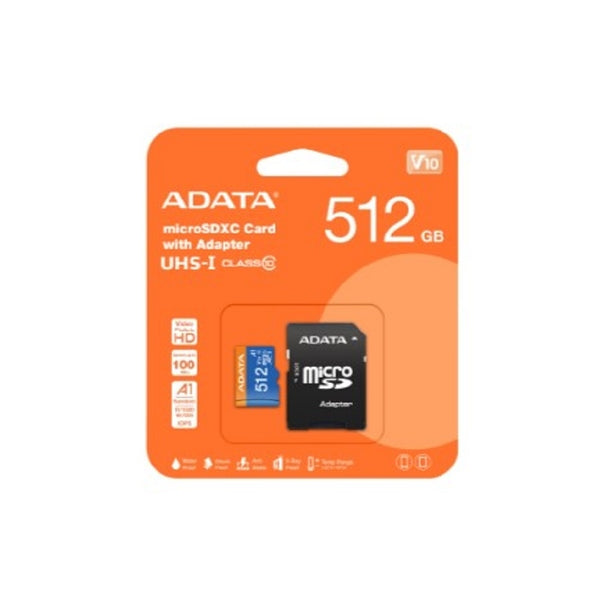 MEMORIA ADATA MICRO SDXC/SDHC 512GB UHS-I 100MB/25MB CLASE 10 V10 A1 C/ADAPTADOR (AUSDX512GUICL10A1-RA1)