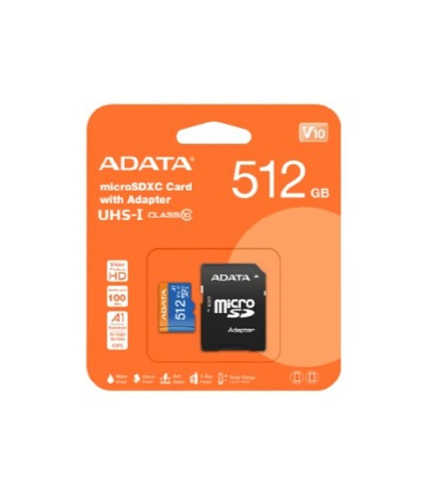 MEMORIA ADATA MICRO SDXC/SDHC 512GB UHS-I 100MB/25MB CLASE 10 V10 A1 C/ADAPTADOR (AUSDX512GUICL10A1-RA1)