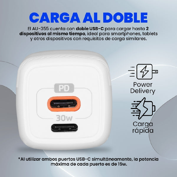 CARGADOR PARA PARED / VORAGO  /  AU-355  /   CARGA RAPIDA /  3.0 A 1 USB-C / 30W /  BLANCO