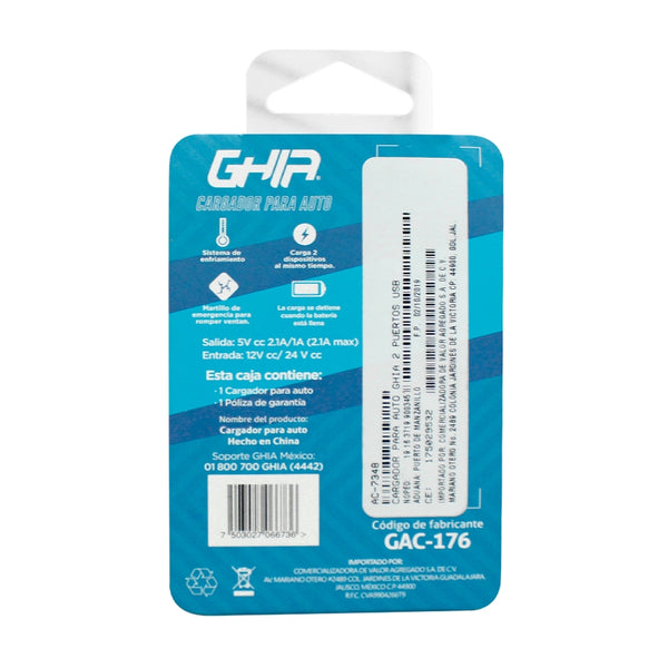 CARGADOR PARA AUTO GHIA 2 PUERTOS USB