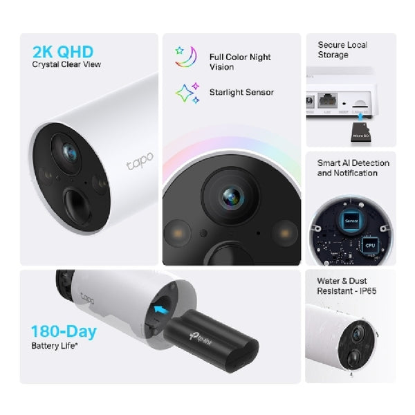 CAMARA TP-LINK TAPO C420S1 PARA EXTERIOR WIFI CON BATERIA RECARGABLE RESOLUCION 2K 1080P IP65 A PRUEBA DE AGUA VISION NOCTURNA AUDIO BIDIRECCIONAL DURACION BATERIA HASTA 180 DIAS