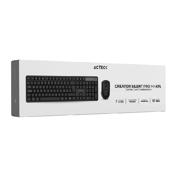 KIT ACTECK CREATOR SILENT PRO MK474 / TECLADO Y MOUSE / INALAMBRICO DONGLE USB / WIN, MAC, ANDROID / MEMBRANA /106 TECLAS / ERGONOMICO / 5000 DPI AJUSTABLE / 6 BOTONES / OPTICO / NEGRO /AC-943505