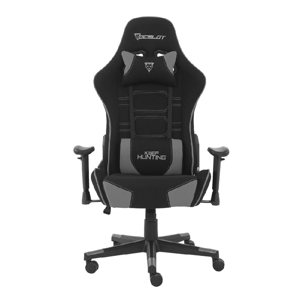 SILLA OCELOT GAMING OST-BLACK MIST / TELA AUTOMOTRIZ / BASE NYLON AJUSTABLE / DESCANSABRAZOS 1D / PISTON CLASE 4 / RECLINABLE 90-155 GRADOS / HASTA 150KG / COJINES LUMBAR Y CERVICAL / COLOR NEGRO CON