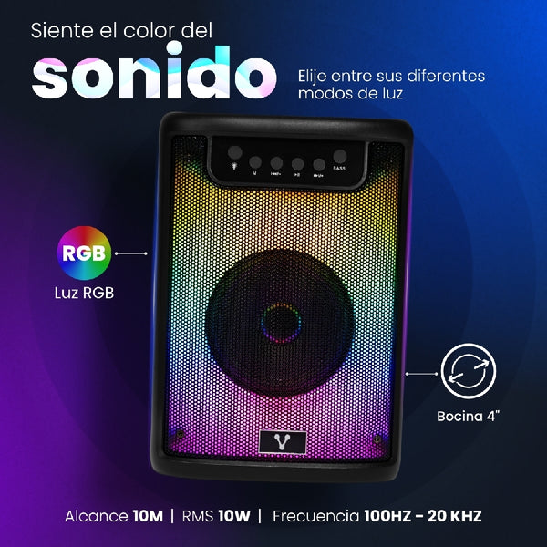 MINI BAFLE PORTATIL  / VORAGO / KSP-205  /  NEGRO / 4 PULGADAS / TWS  /  BLUETOOTH  /  RECARGABLE   /   RGB