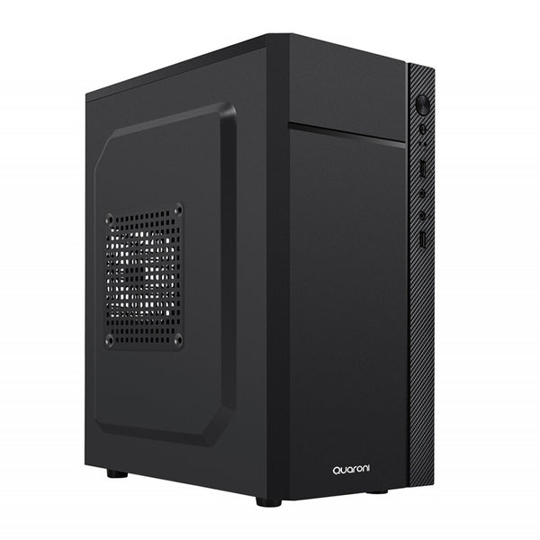 GABINETE QUARONI FRENTE ABS, NEGRO CON FRANJA TIPO FIBRA DE CARBONO, MICRO ATX / MINI ITX, FUENTE DE PODER INCLUIDA DE 500W