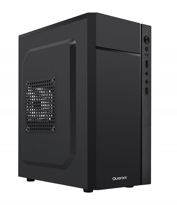 GABINETE QUARONI FRENTE ABS, NEGRO CON FRANJA TIPO FIBRA DE CARBONO, MICRO ATX / MINI ITX, FUENTE DE PODER INCLUIDA DE 500W