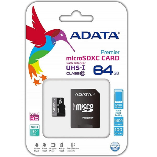MEMORIA ADATA MICRO SDHC 64GB UHS-I CLASE 10 C/ADAPTADOR AUSDX64GUICL10-RA1
