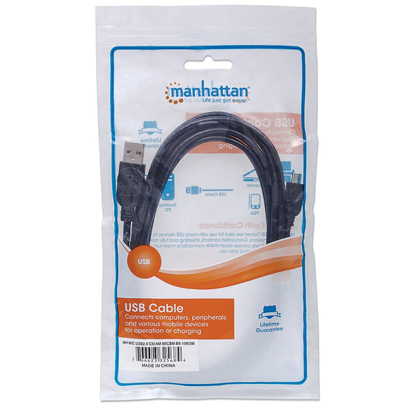 CABLE USB,MANHATTAN,325684, V2 A-MICRO B, BOLSA PVC 3.0M NEGRO