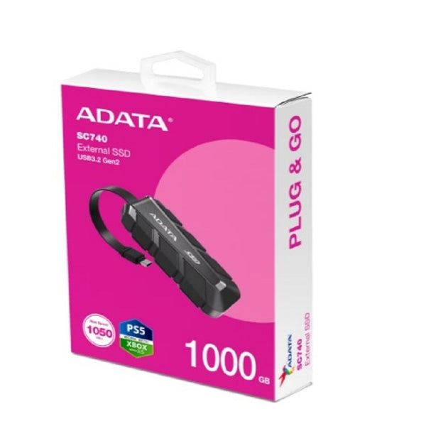 UNIDAD DE ESTADO SOLIDO SSD EXTERNO ADATA SC740 1TB PORTATIL USB 3.2 GEN 2 TIPO C WINDOWS MAC ANDROID PS5 XBOX X S COLOR NEGRO SC740-1000G-CBK