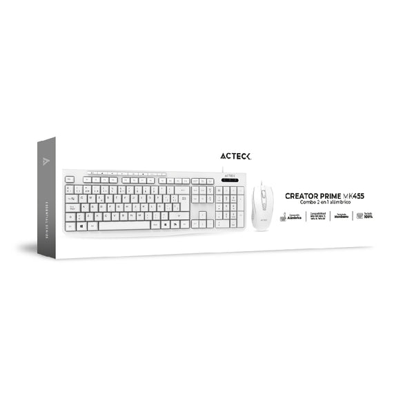 KIT ACTECK CREATOR PRIME MK455 / TECLADO Y MOUSE / ALAMBRICO / USB 2.0 / WINDOWS / ESPAÑOL / 105 TECLAS / MEMBRANA / MULTIMEDIA / OPTICO / 1600 DPI AJUSTABLE / 4 BOTONES / BLANCO / AC-941792