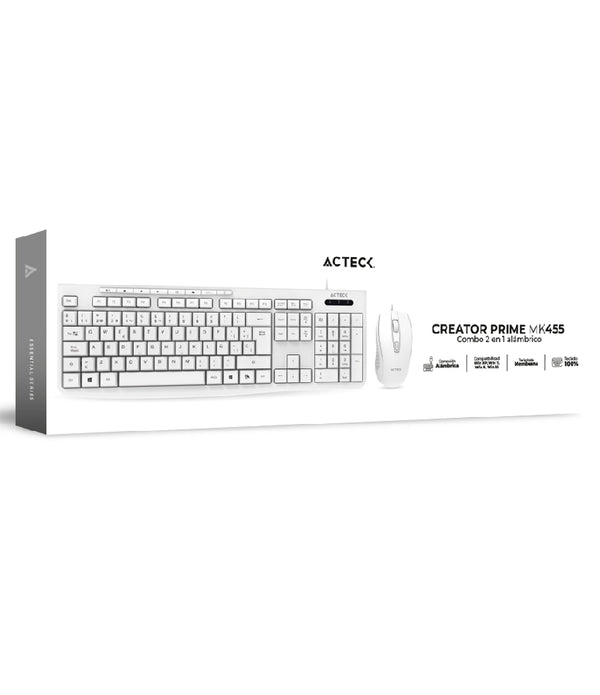 KIT ACTECK CREATOR PRIME MK455 / TECLADO Y MOUSE / ALAMBRICO / USB 2.0 / WINDOWS / ESPAÑOL / 105 TECLAS / MEMBRANA / MULTIMEDIA / OPTICO / 1600 DPI AJUSTABLE / 4 BOTONES / BLANCO / AC-941792