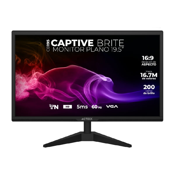 MONITOR ACTECK CAPTIVE BRITE CB195 / 19.5 PUL / PLANO / LED / HD 1600 X 900 / 60 HZ / 5 MS / VGA - HDMI - DC / 5 BOTONES / INCLINACION AJUSTABLE / VESA 75 / NEGRO / AC-939409