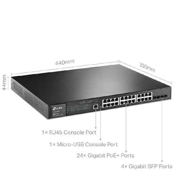 SWITCH TP-LINK TL-SG3428MP 24 PUERTOS RJ45 GIGABIT 10/100/1000 MBPS POE ADMINISTRABLE CON 4 RANURAS SFP 1 RJ45 CONSOLA Y 1 MICRO-USB CONSOLA JETSTREAM PARA RACK 19 PULGADAS