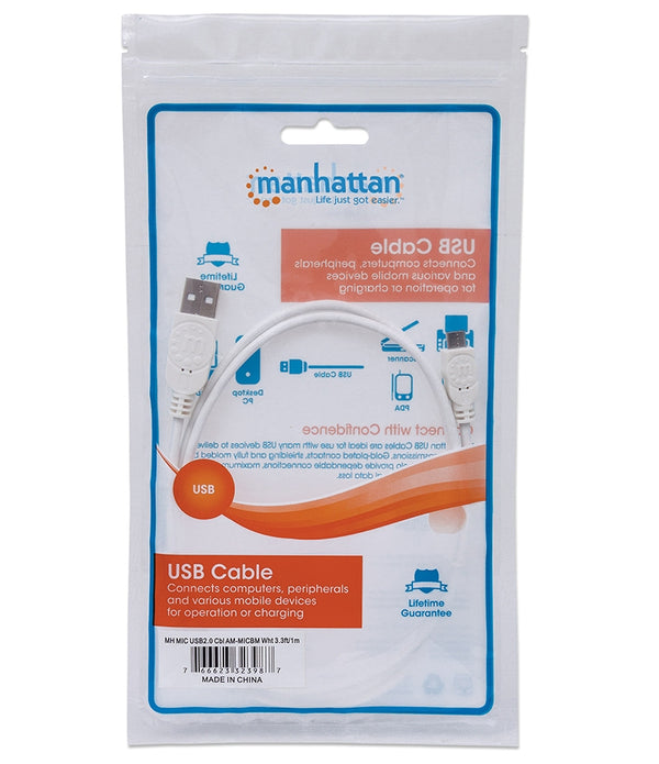 CABLE USB,MANHATTAN,323897, V2 A-MICRO B, BOLSA PVC 1.0M BLANCO