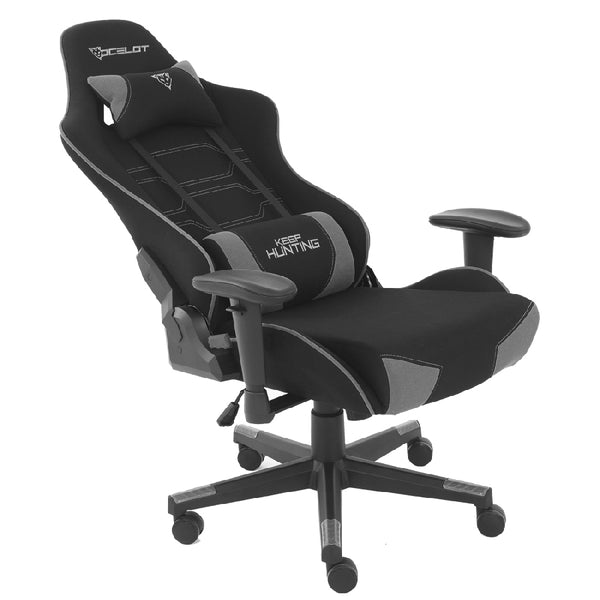 SILLA OCELOT GAMING OST-BLACK MIST / TELA AUTOMOTRIZ / BASE NYLON AJUSTABLE / DESCANSABRAZOS 1D / PISTON CLASE 4 / RECLINABLE 90-155 GRADOS / HASTA 150KG / COJINES LUMBAR Y CERVICAL / COLOR NEGRO CON