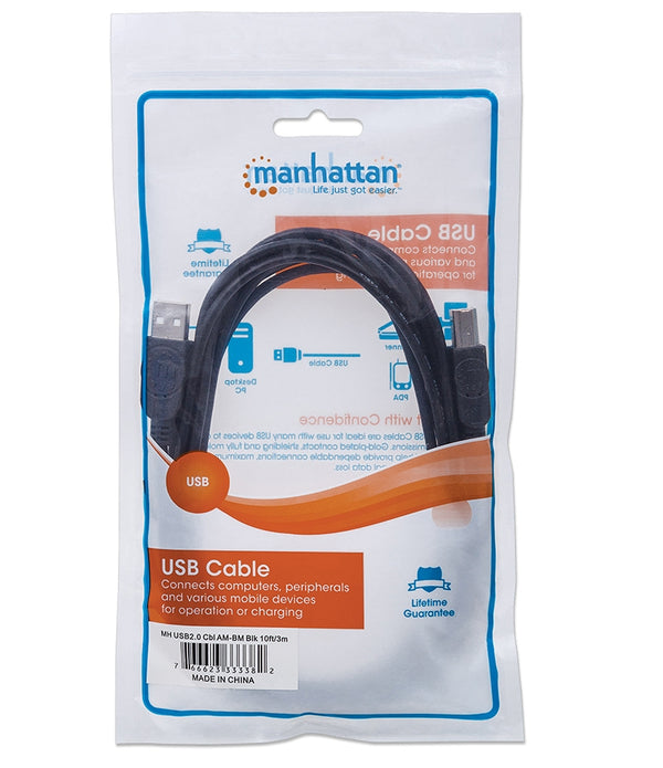 CABLE USB,MANHATTAN,33382, V2.0 A-B  3.0M, NEGRO