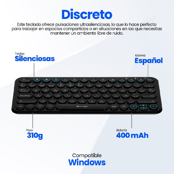 TECLADO INALAMBRICO MULTIDISPOSITIVO (HASTA 3)  / VORAGO / KBW-400  /   SLIM /  REGARGABLE /  TIPO C  /  2 BLUETOOTH +  WIRELESS /  NEGRO