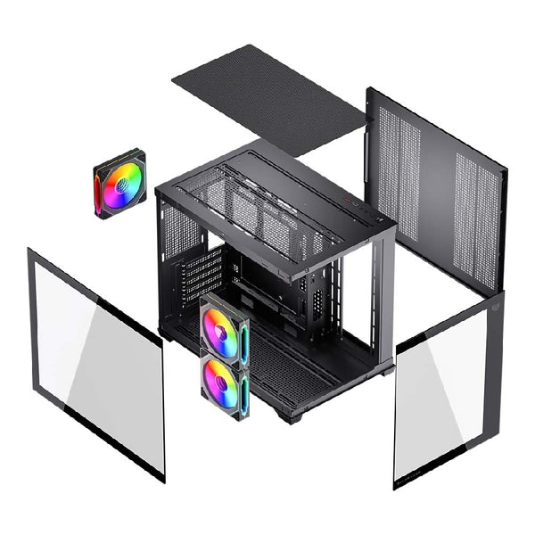 GABINETE GAMER BALAM RUSH TANK CORE PRO GI925 / MINI TORRE / MICRO-ATX, MINI ITX / INCLUYE 3 VENTILADORES ARGB 120 MM / CRISTAL TEMPLADO / NEGRO / BR-943840