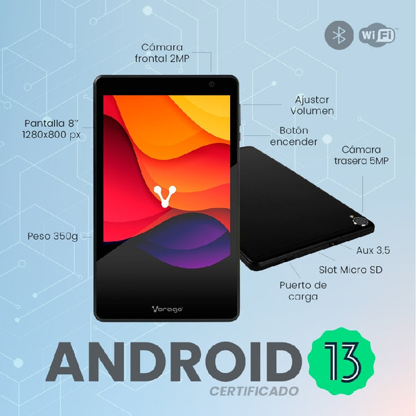 TABLET PARA NIÑOS 8 PULGADAS  / VORAGO / PAD-8 KIDS /  ANDROID 13 / PROCESADOR: QUADCORE /  RAM: 4GB  /  ALMACENAMIENTO:  64GB / DUALCAM/  WIFI / BT / FUNDA AZUL / JUEGOS / PELICULAS / TAREAS