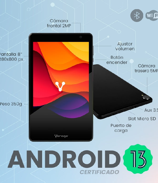 TABLET PARA NIÑOS 8 PULGADAS  / VORAGO / PAD-8 KIDS /  ANDROID 13 / PROCESADOR: QUADCORE /  RAM: 4GB  /  ALMACENAMIENTO:  64GB / DUALCAM/  WIFI / BT / FUNDA AZUL / JUEGOS / PELICULAS / TAREAS